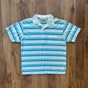 Vintage Arnold Palmer Golf Polo Mens Shirt Large White Blue Striped Pocket L